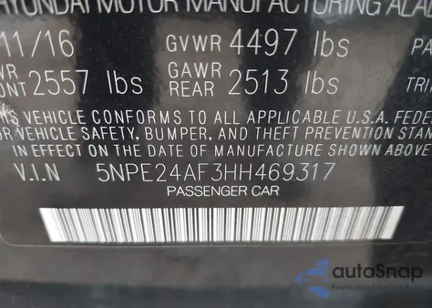 2017 Hyundai Sonata Se from USA, damaged, VIN 5NPE24AF3HH469317